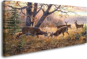 ArtHome520 Yellow Animal Deer Canvas Print Painting Wall Art Golden Fall Landscape Picture Home Decor Living Dining Room Modern Framed Panel Piece (24''x48'')