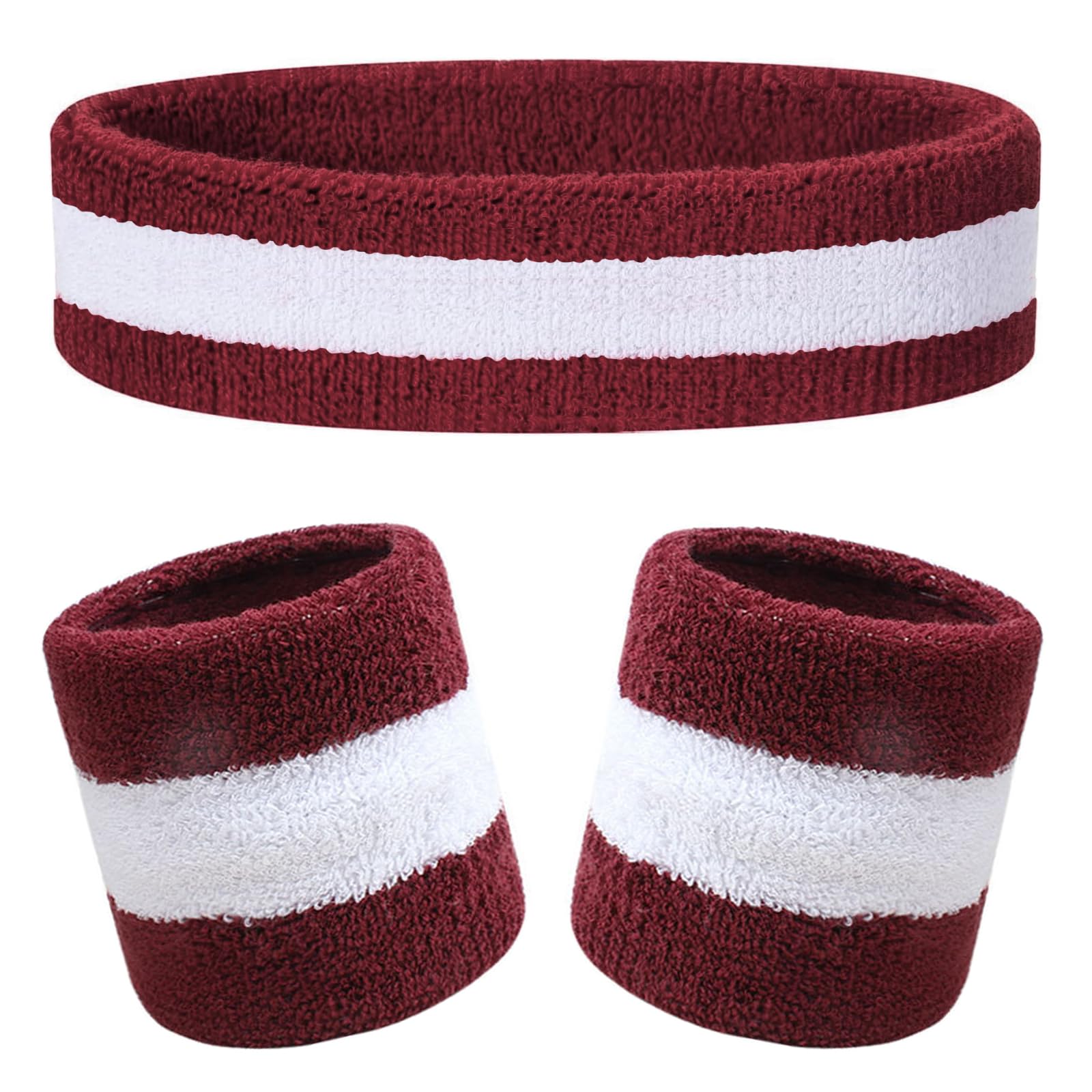 Kids Sweatbands Headband Wristband Set - Athletic Cotton Sweat Band for Sports - Ultimate Sweat-Absorbing 3-piece Set (1 Headband + 2 Wristbands) (Maroon+White)