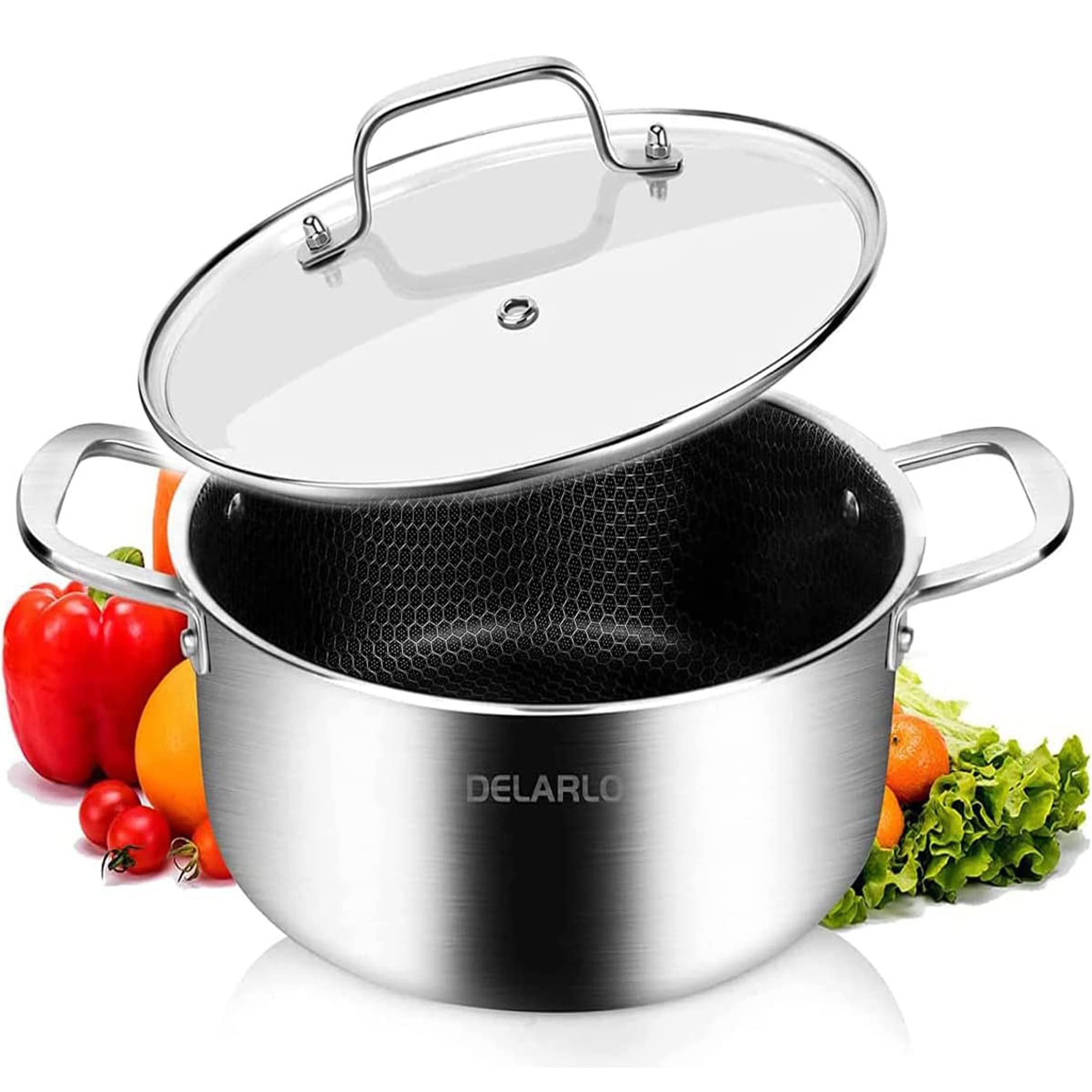 DELARLO Tri-Ply Stainless Steel Stock Pot, 5QT Non Stick Pots ...