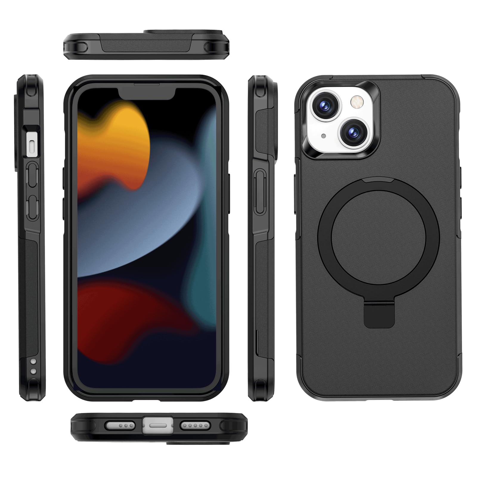 for iPhone 15/14/13plus Case Invisible Stand [12FT Military Shockproof ] [TOP N56 Magnets] [20W Fast Charging] Truly Completely Flat &Double layer protection Case iPhone 15 plus Cover - Pstand Black