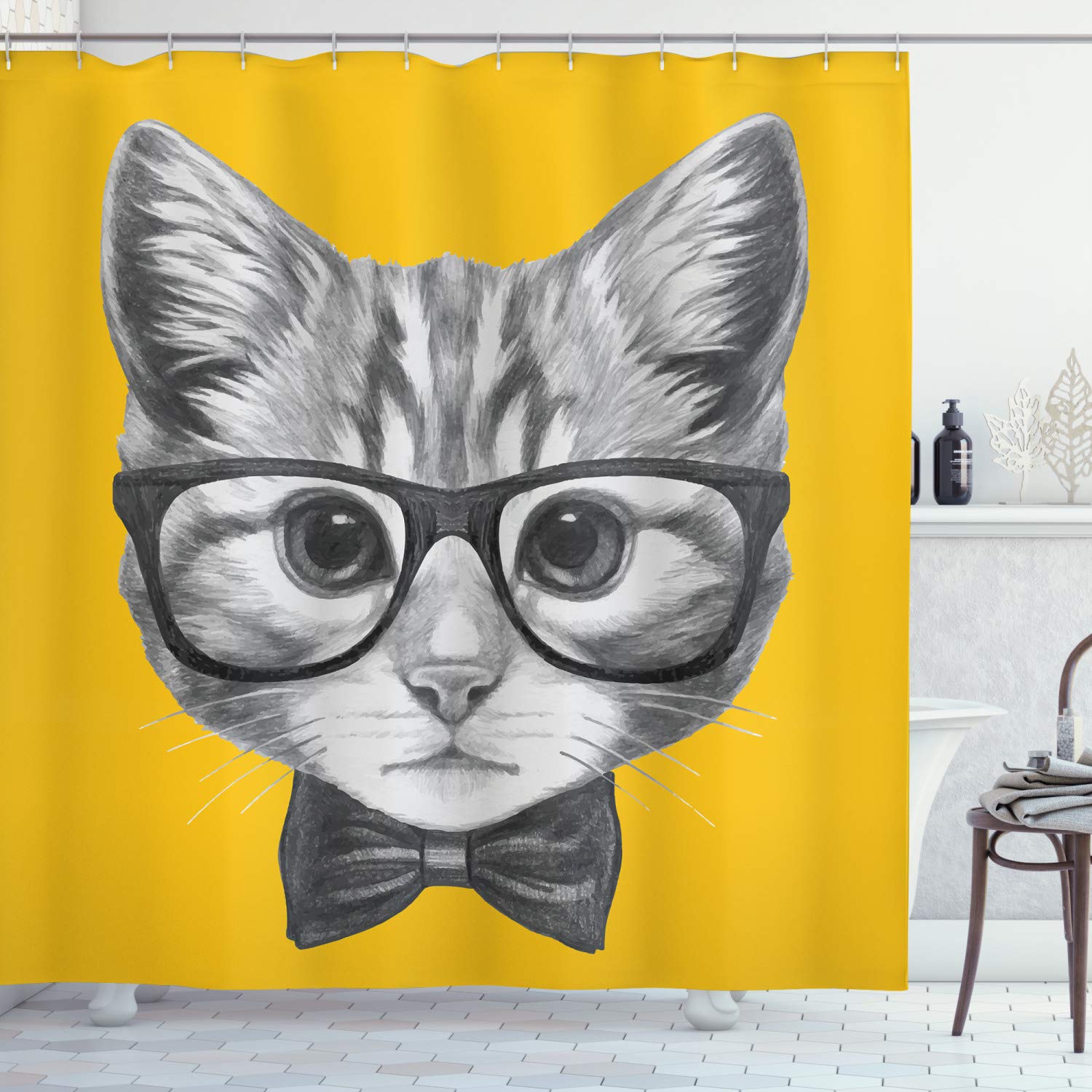 ABAKUHAUS Animal Shower Curtain, Sketchy Hand Drawn Design Baby Hipster Cat Kitten Glasses Image Print, Cloth Fabric Bathroom Decor Set with Hooks, 70 Inches, Grey Mustard — image 1
