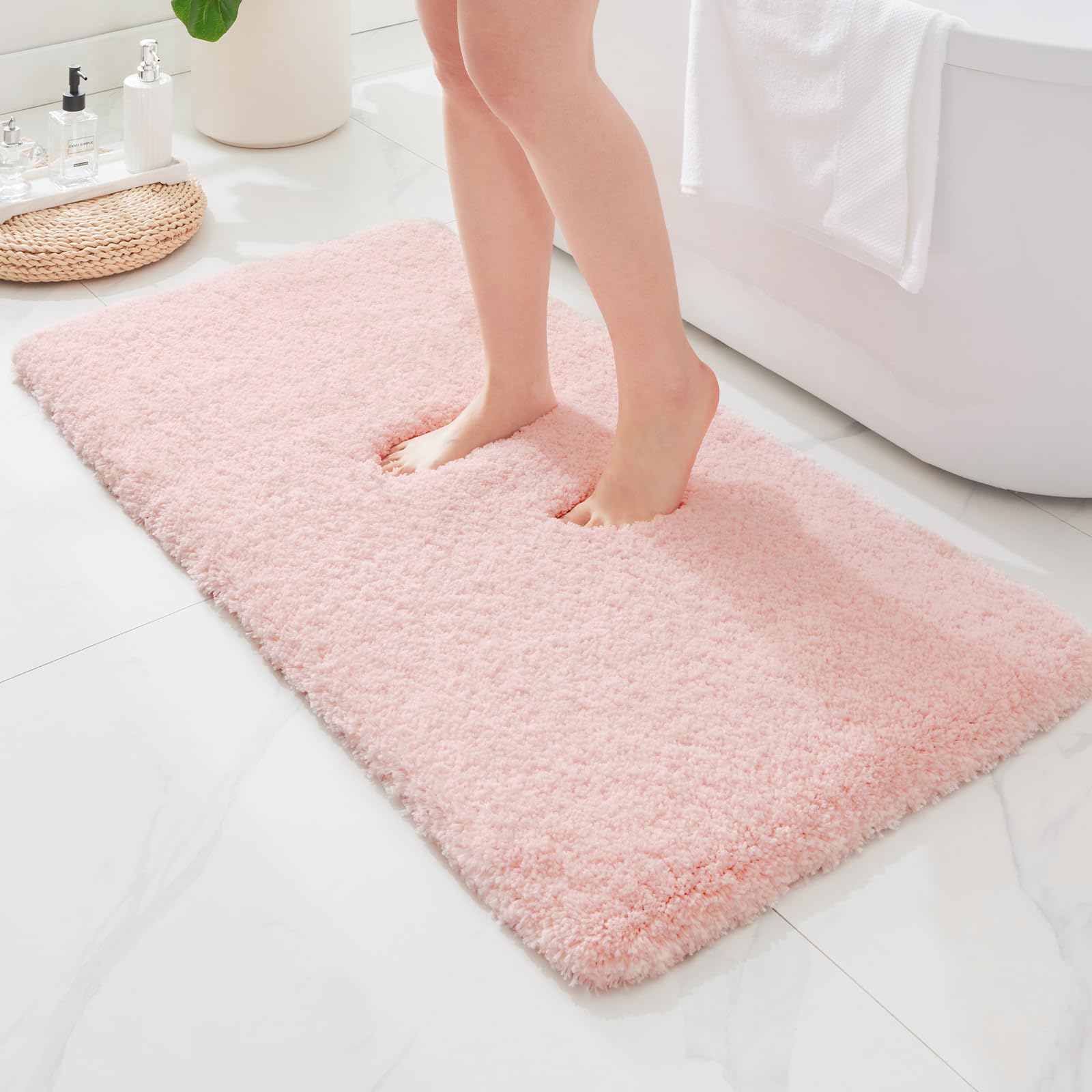 Photo 1 of ILANGO Pink Christmas Bathroom Rugs 60" × 24" Non Slip & Super Absorbent Extra Thick Soft, Washable Bath Carpet Runner for Floor, Microfiber Plush Shaggy Bath Mats with Rubber for Bathtub Shower Room