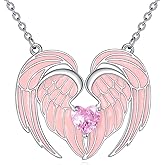 POPLYKE Heart Shape Pink Wings Necklace 925 Sterling Silver Heart Pendant Jewelry Angle Wings Necklace With Pink Cubic Zirconia for Women