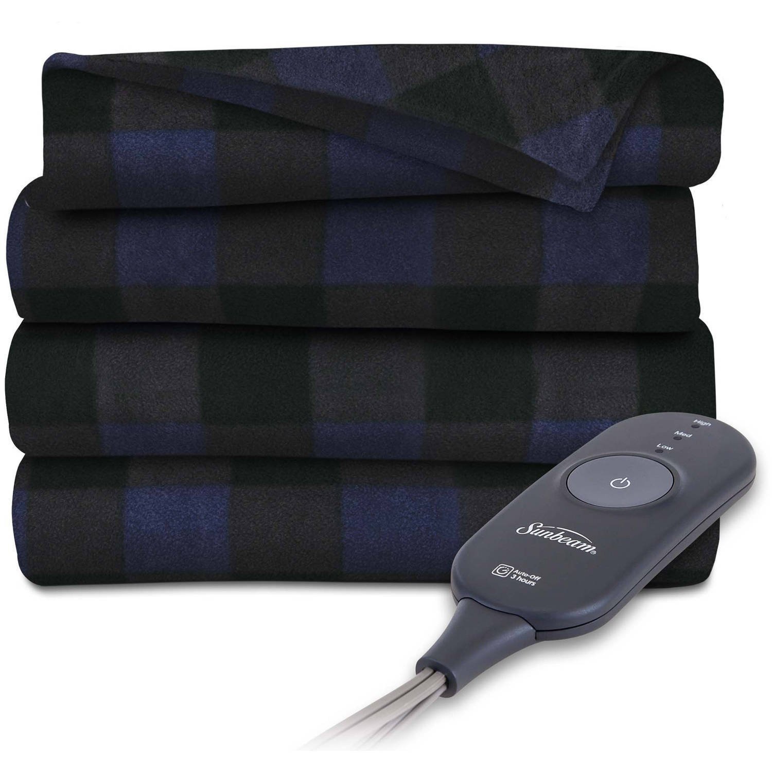 Sunbeam Fleece Electric Heated Warming Throw Blanket Buffalo Plaid Navy