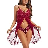 POUPUA Sexy Lingerie Set 2 Piece for Women, Lace Kimono Robe with with Lace Babydoll Dress