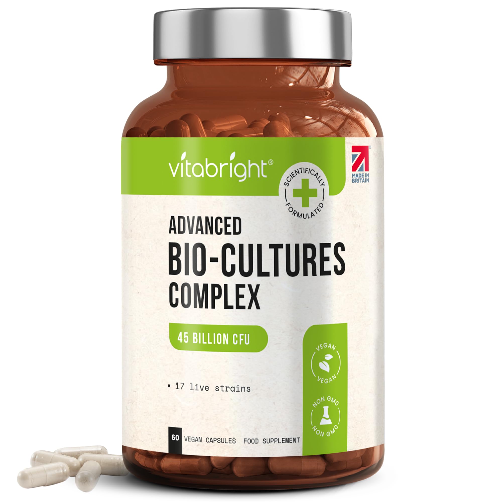 VitaBright Pro Bio Cultures Complex | 45 Billion CFU Probiotics for Women & Men | 17 Strains with Chicory Inulin Prebiotics | 60 Capsules for Gut Flora Support