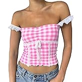 Women's Gingham Top Y2K Lace Cami Crop Top Sleeveless Square Neck Plaid Tank Top Sexy Going Out Shirt