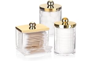 Tbestmax 3 Pack Qtips Dispenser - Bathroom Organizers and Storage Containers, Plastic Apothecary Jars with Gold Lids for Cotton Ball Swab Round Pads, Floss - Gold