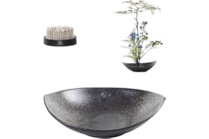 WANDIC Flower Frog Kit, Crescent Shaped Ikebana Flower Vase with 5cm Ikebana Kenzan Flower Frog and Wood Base for Flower Arranging Art, Black Spotted