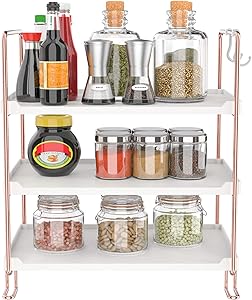 3-Tier Stackable Organizer Shelf, Bathroom Countertop Storage Shelf, Kitchen Spice Rack, Freestanding Cosmetic Holder for Bedroom Counter (Rose Gold)