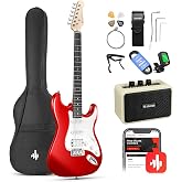 Donner 39-Inch Electric Guitar Starter Kit with Solid Body | HSS Pickup, Accessories, Amplifier, Lessons, and Digital Tuner - Red