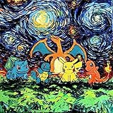 Pokemon Art Inspired Starry Night - Print - van Gogh Never Battled - by Aja 8x8, 10x10, 12x12, 20x20, 24x24 inch sizes Pikachu Charizard Squirtle Charmander Bulbasaur