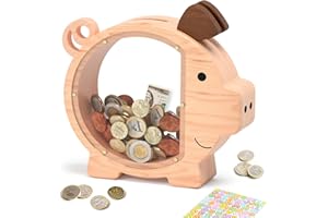 ELX Wooden Piggy Bank for Boys Kids Girls, Clear Large Animal Coin Bank, Unbreakable Wood Money Bank for Toddler Real Money Toy Personalized Present for Child Birthday & Decor