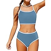 Oranchids Girls Swimsuit Colorful Contrast Trim Bikini Sets Color Block Bathing Suit Two Piece Swimwear with Chest Pad 9-16Y