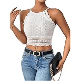 WDIRARA Women's Eyelet Halter Crop Top Lace Embroidery Slim Fitted Tops
