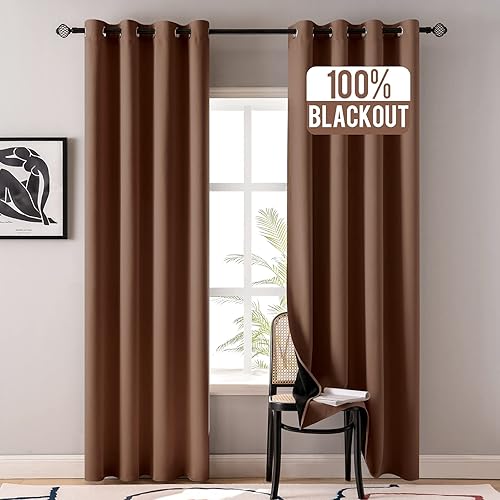 MIULEE 100% Blackout Curtains 84 inches Long Window Drapes for Living Room Darkening Light Blocking and Thermal Insulated for Full Shade Grommets Top 2 Panels Mocha