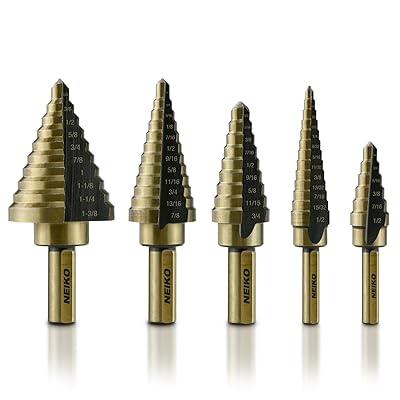 Neiko 10197A Titanium Step Drill Bit Set, High Speed Steel | 5-Piece Set | Total 50 Sizes