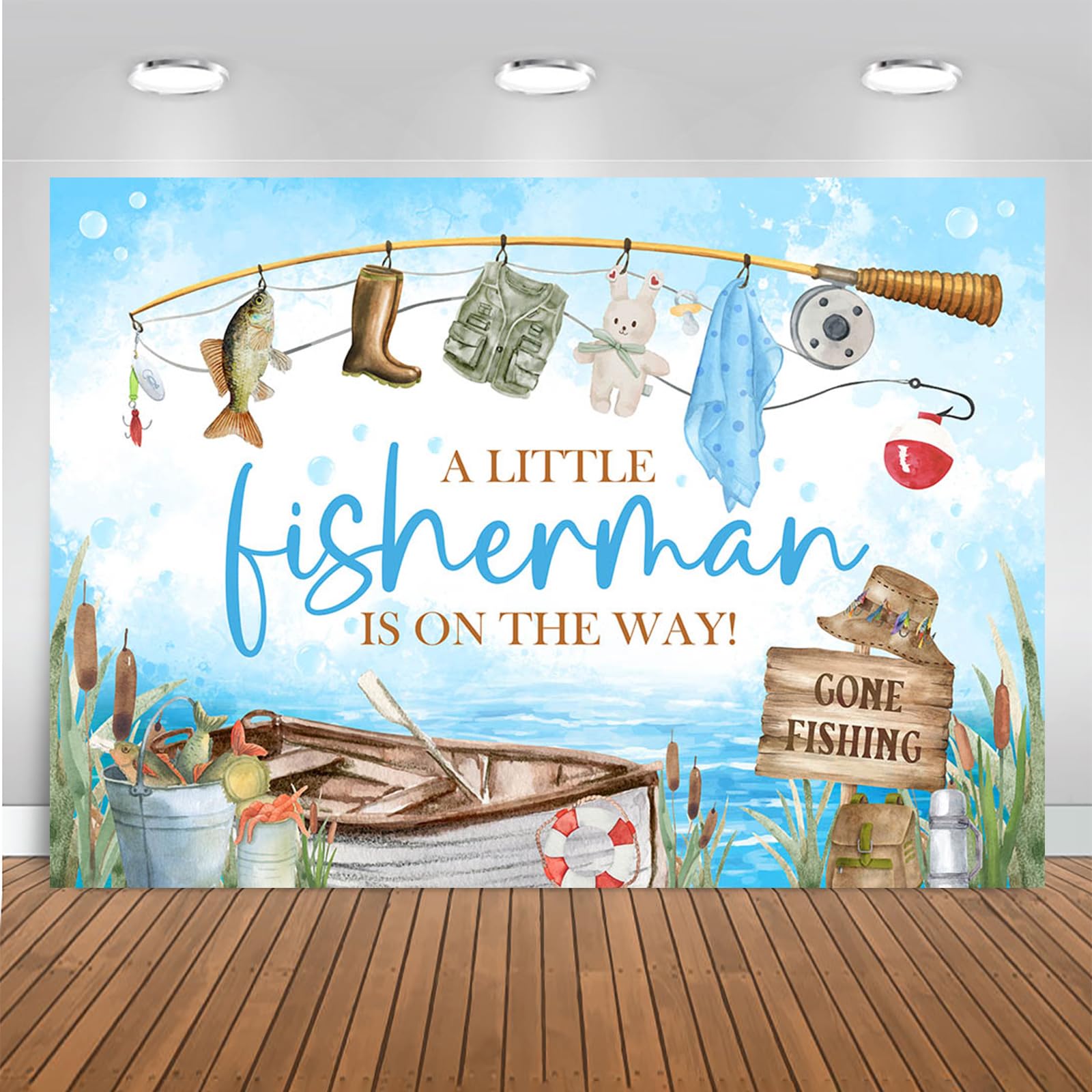 Photo 1 of Mocsicka Fishing Baby Shower Backdrop A Little Fisherman is on The Way Baby Shower Party Decoration Banner for Boy Go Fishing Party Background Photo Booth Studio Props (6x4ft(72''x48''), Blue)