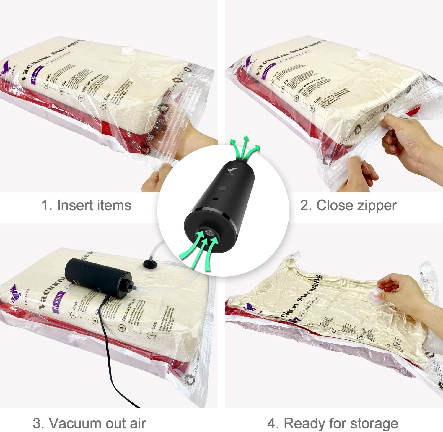 Vacbird Vacuum Storage Bags with Electric Pump, 6 Pack (3 x Small, 3 x Medium) for Comforters Blankets Clothes Pillows Travel Space Saver Seal Bag: Home & Kitchen