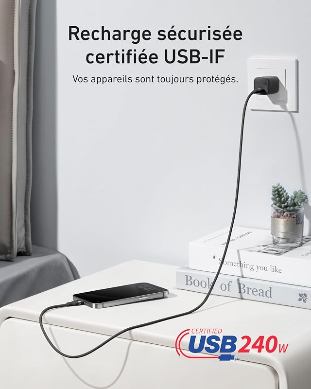 Câble USB C vers USB C, 240W (0,9 m, Noir)