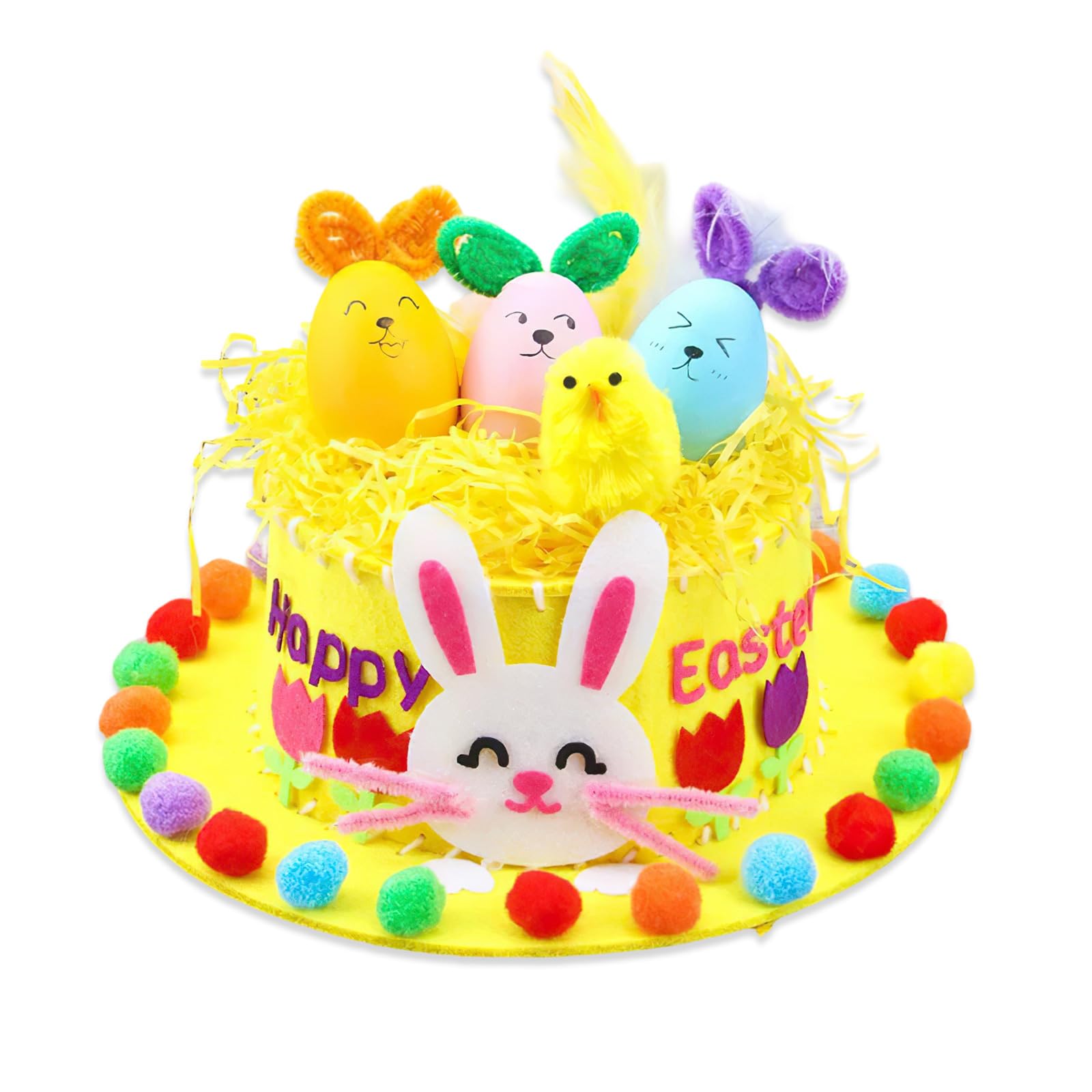 CYMYGS Easter Hat Making Kit,Animal Theme,Complete Felt Hat Making Set with Flower Grass,Pom Poms and Assorted Embellishments for Festive Party Hats Creation and Spring Holiday Handmade Activities
