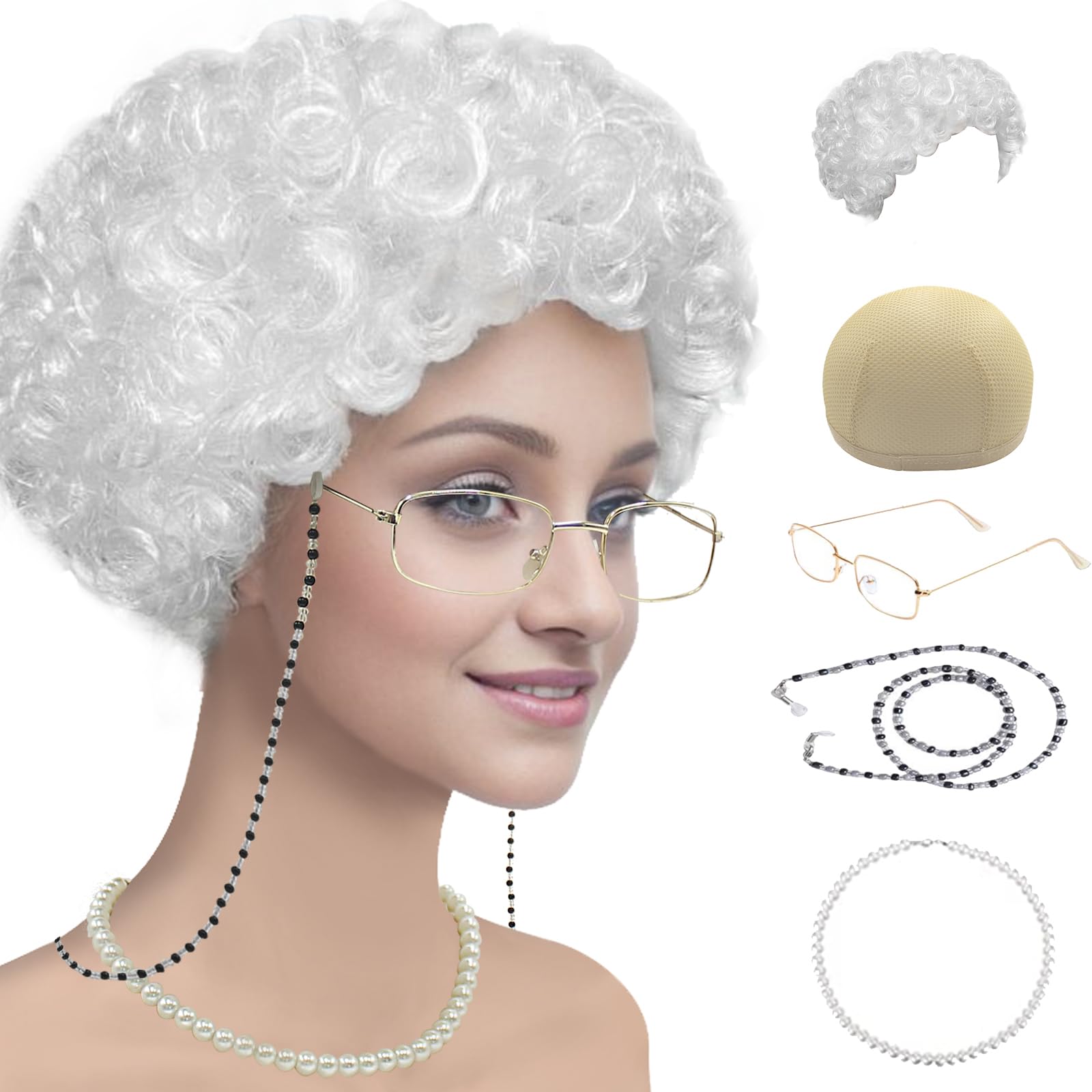 Photo 1 of Cupohus Old Lady Costume Set Grandma Wig 100 Days of School Costume Madea Granny Glasses Eyeglass Chains Cords Faux Pearl Bead Necklace Old Lady Cosplay Set 5 Pieces (white afro)