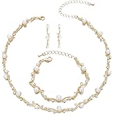 rneyflow Bridal Pearl Choker Necklace Earrings Bracelet Wedding Crystal Jewelry Set for Women Brides Bridesmaid Prom