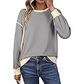 SHEWIN Womens Sweatshirt Casual Long Sleeve Lightweight Crewneck Sweatshirts Loose Solid Contrast Trim Pullover Tops