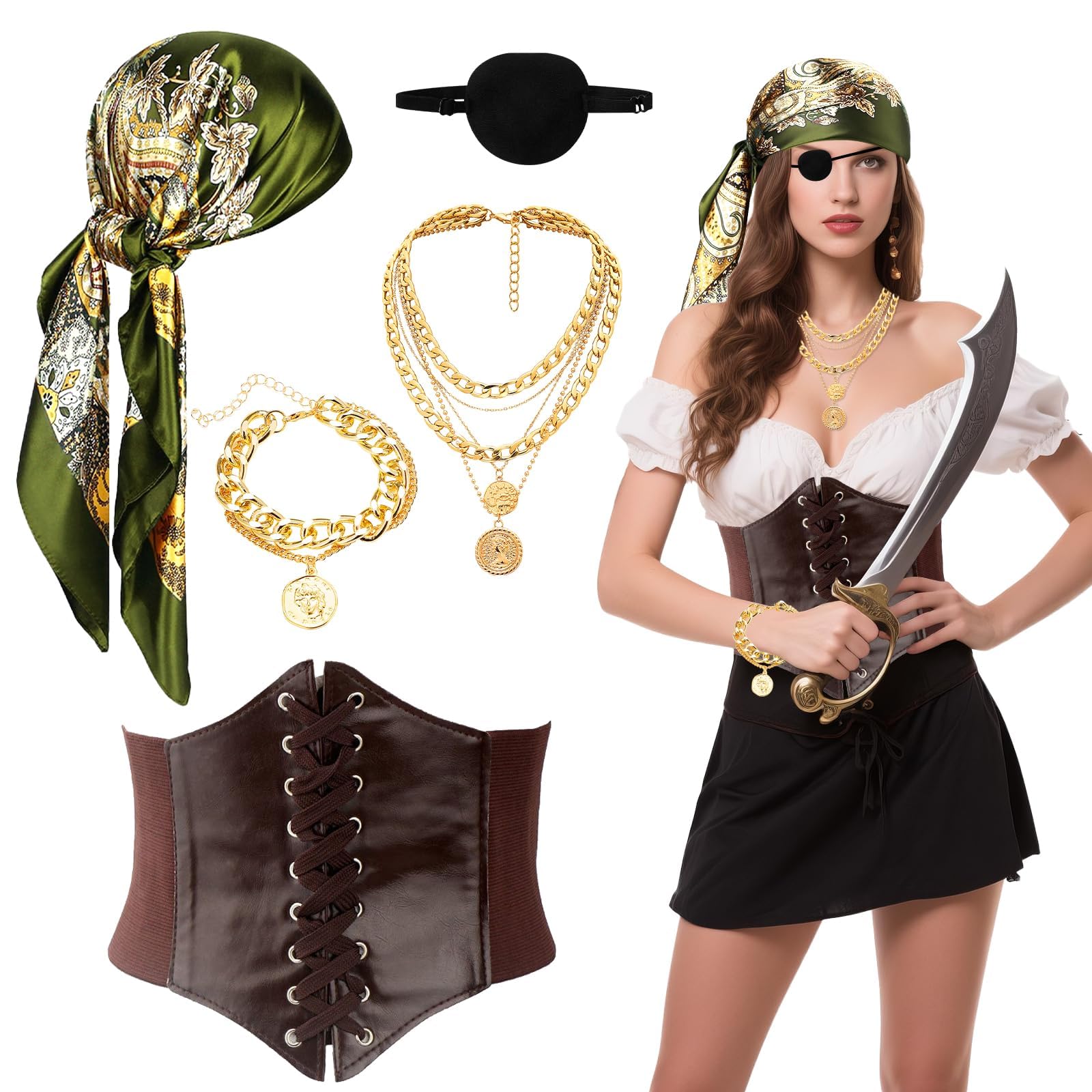Dazzroi 5Pcs Pirate Costume Accessories Set, Pirate Fancy Dress Kit with Headscarf, Eye Patch, Necklace, Bracelet, Medieval Corset for Women Masquerade Dress Up Day Halloween Carnival