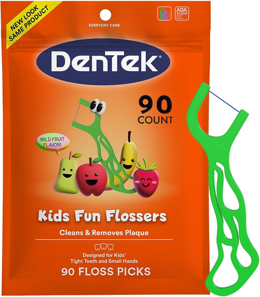 Dentek Floss Picks, Kids Flossers, Wild Fruit Flavor, 90 Count | Remove Food & Plaque, Designed for Kids', For Tight Teeth &