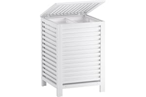 SMIBUY Double Laundry Hamper with Lid, 120L Bamboo Laundry Basket with Removable Liner Bag, 2-Section Clothes Divider Laundry Sorter for Laundry Room, Bathroom, Bedroom (White)