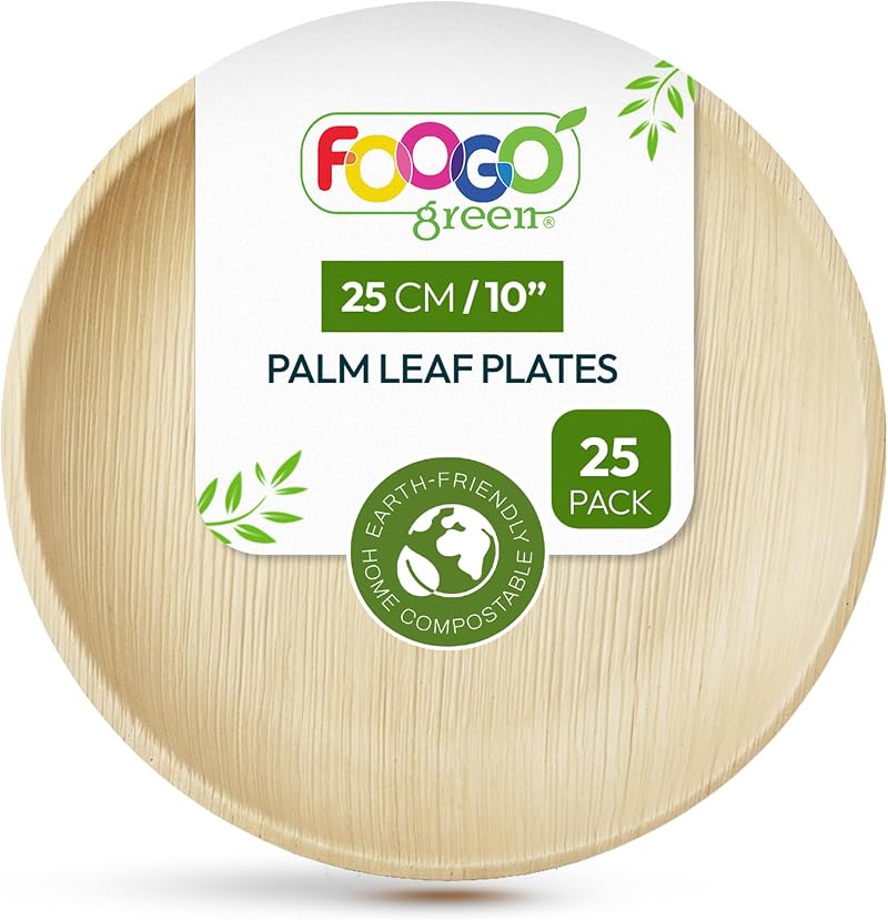 FOOGO Green 25pcs Disposable Palm Leaf Plates 10 inch Eco Friendly Biodegradable