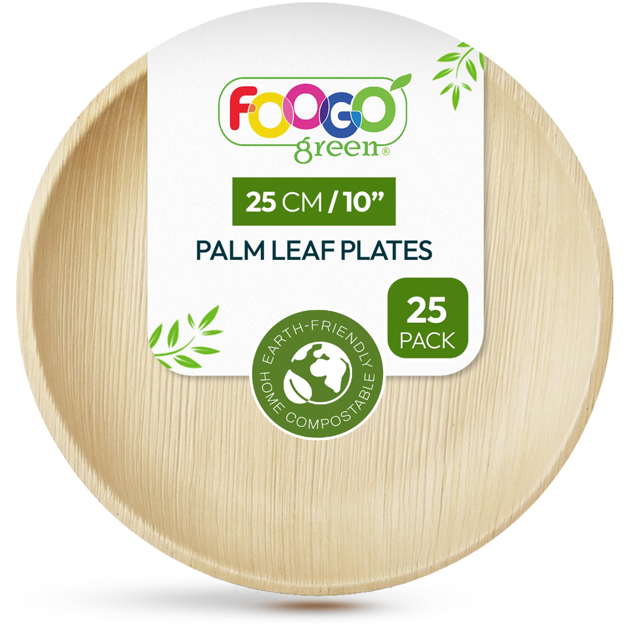 FOOGO Green 25pcs Disposable Palm Leaf Plates, 10"(25cm) Large Round, Eco Friendly Biodegradable Compostable Like Wooden, Bamboo, Paper Plates, for Hot Food, Wedding Picnic Parties — image 1
