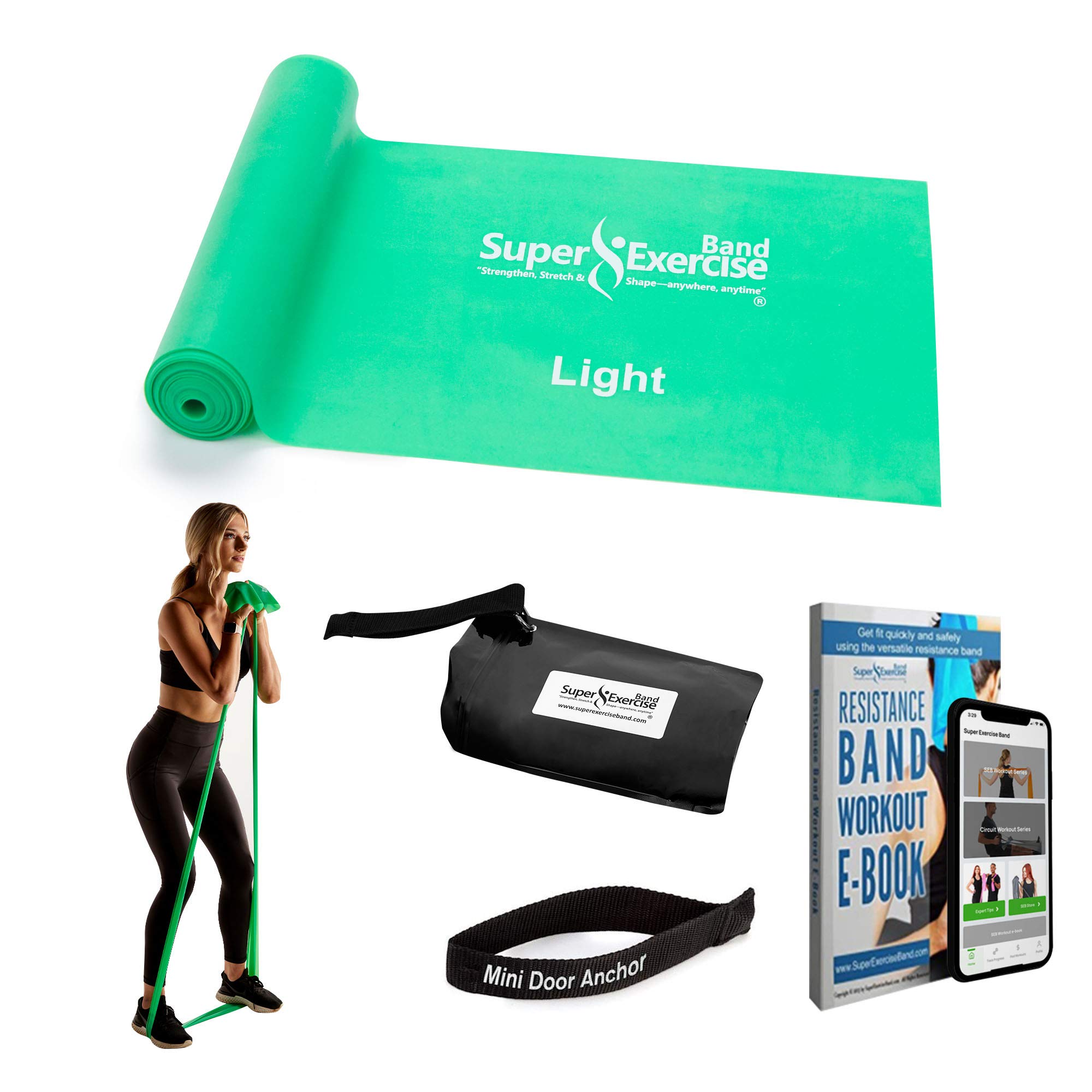 SUPER EXERCISE BAND Light GREEN Resistance Band. Your Home Gym Fitness Equipment Kit for Strength Training, Physical Therapy, Yoga, Pilates, Chair Workout | LATEX FREE For ALLERGIC SAFETY | 7 ft
