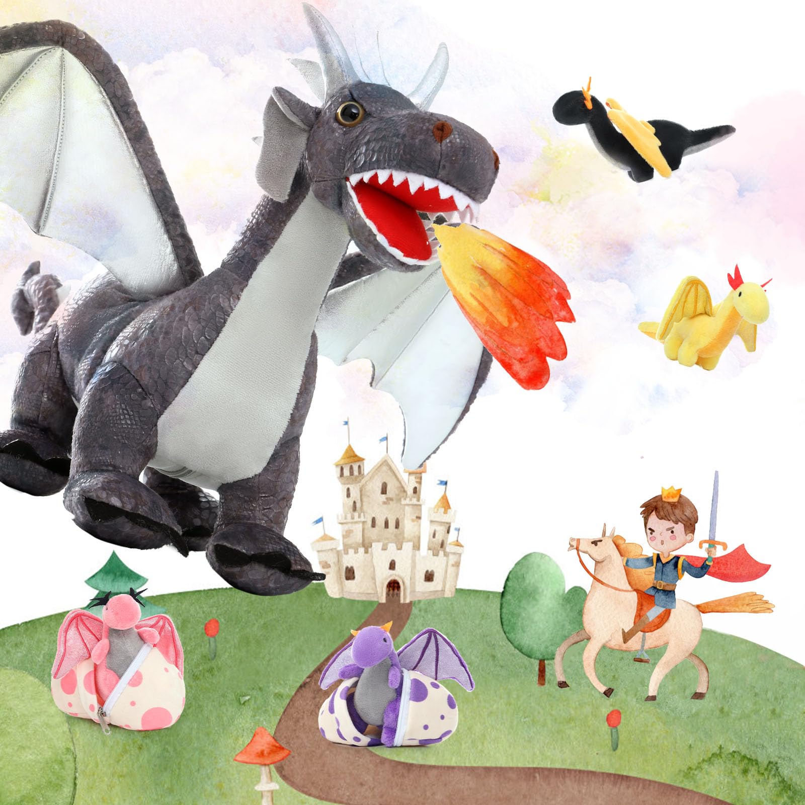 MorisMos 55cm Stehend Drache Kuscheltier mit Baby im Bauch, Grau Groß Plüschdrache Kuscheltiere XXL, Flauschiger Stofftier Plüschtier Dragor Dragon Teddys zum Spielen für Kinder 6