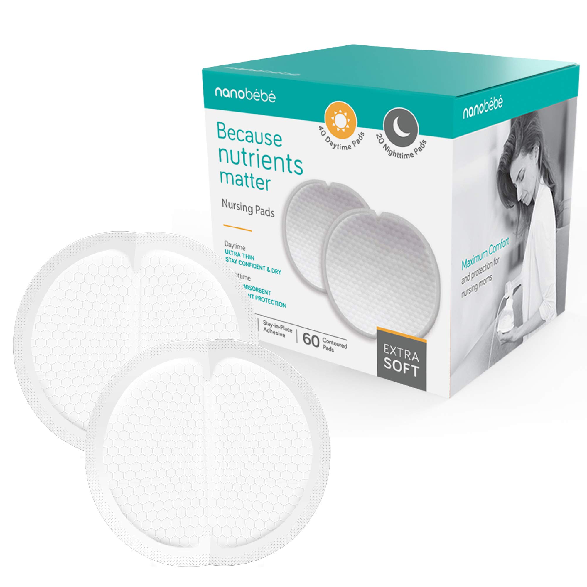 Nanobébé Disposable Breast Pads – 40 Day & 20 Night Ultra-Thin, Extra Absorbent, Vented, Leak-Proof Nursing Pads for Breastfeeding, Individually Wrapped, 60 Count