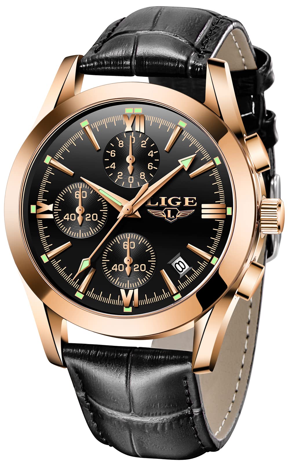 LIGE Watch for Men Leather Fashion Luxury Wristwatch Sports Analog Quartz Watch Gents Business Dress Chronograph Waterproof Watch Multifunction Classic Mens Watches Black