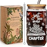 Cute Book Lovers 16oz Drinking Glass Cups with Lids and Straws Christmas Gifts for Women, Book Lover Girl, Just One More Chapter, Love Bookish Gift for Readers, Librarians, Bookaholics, Best Friend