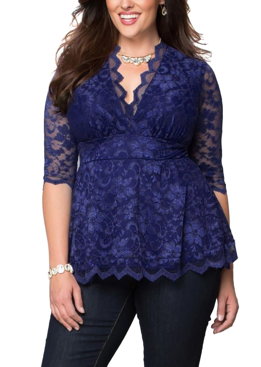 WANTU Womens Sexy Big Size V-neck Sleeved Floral Lace Tunic Blouse (US 16, navy)