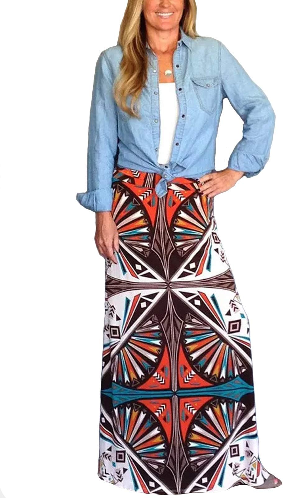 Yinggeli Women's Bohemian Print Long Maxi Skirt