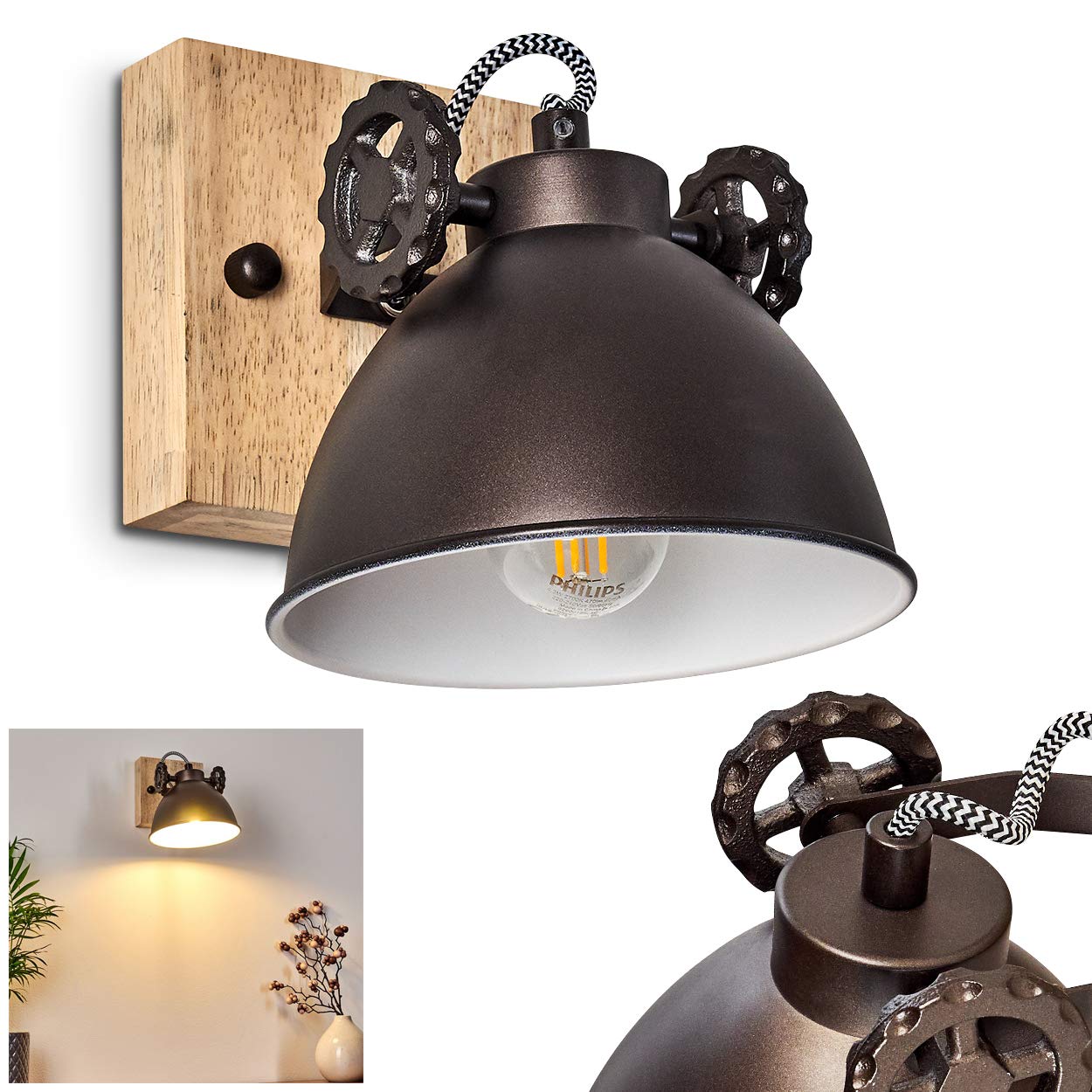 HOFSTEIN wall Light Svanfolk, Metal, Wood wall lamp, Black-Brown/Natural, Adjustable Spotlight, 1 x E14 Socket, Retro/Vintage Design, Kitchen, Bedroom, Office, workspace, Living Room