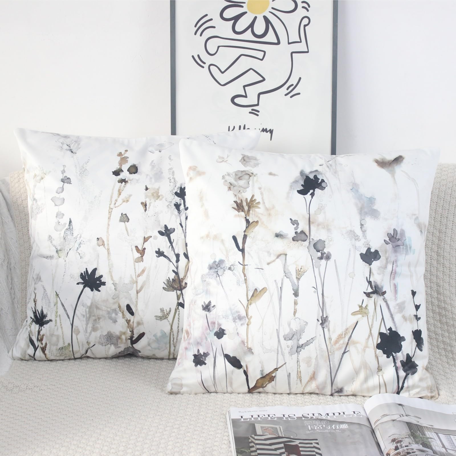 NIULAA Velvet Cushion Covers 50cm x 50cm Set of 2 Spring Cushion Cover Grey Watercolor Square Pillow Case Decorative Sofa Cushion Covers 20x20 Inches Scatter Cushions Covers Art Deco