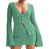 Women Crochet 2 Piece Outfits Set Swimwear Cover Up Flared Long Sleeve Button Down Tops Beach Mini Skirt Vacation Outfits