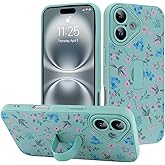 LEOMAKRON for iPhone 16 Case with Finger Strap Kickstand,Cute Pink Flower Heart Bowknot Pattern for Women Girls,Full Camera Protection Aesthetic Shockproof TPU Design,Green