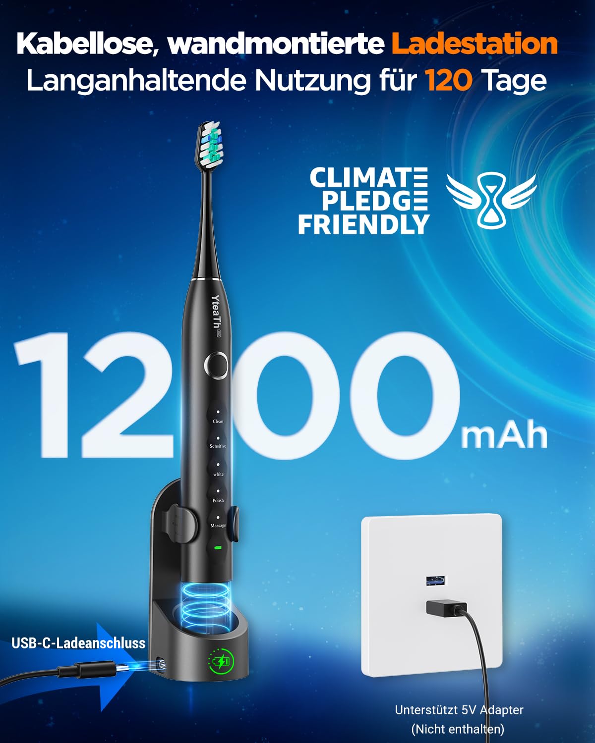 YTEATH PRO Elektrische Zahnbürste, Schallzahnbürste für Erwachsene und Kinder Electric Toothbrush mit 8 Bürstenköpfen und Timer, 5 Putzmodi, Reiseetui, 120 Tagen Akkulaufzeit, 50,000vpm, Black 4