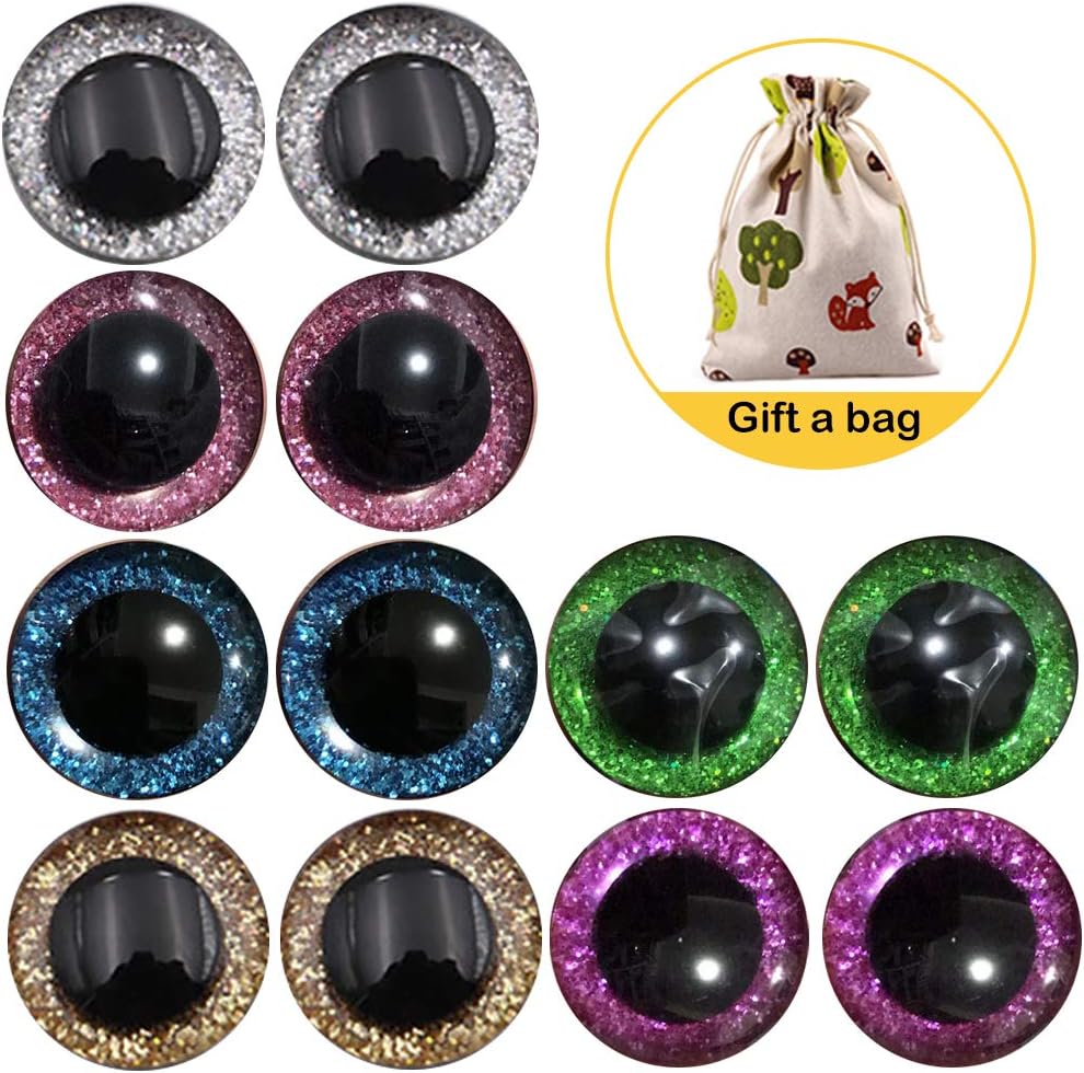 KOOSUFA 12 Pcs 6 Colors Plastic Safety Eyes Glitter 9mm 12mm 14mm 16mm 18mm 20mm 25mm Round Eyes for Doll Teddy Bear Puppet Toy Plush Animal and DIY Craft Making (Multicolored, 12 Pcs-12mm)