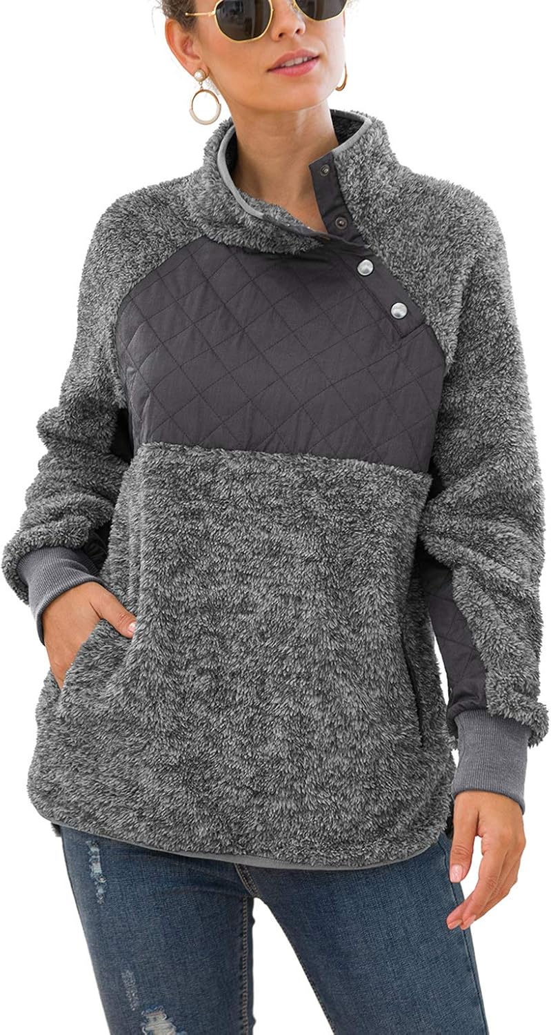 VIISHOW Women's Long Sleeves Quilt Coat Turtleneck Oblique Button Neck Fleece Pullover Coat Sweatshirts Outwear with Pocket at  Women’s Clothing store