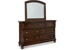 Signature Design by Ashley Porter Traditional Smooth-Gliding 7-Drawer Dresser and Mirror with Safety Stop, Felt-Lined Top Drawers and Pull-Out Tray, Dark Brown