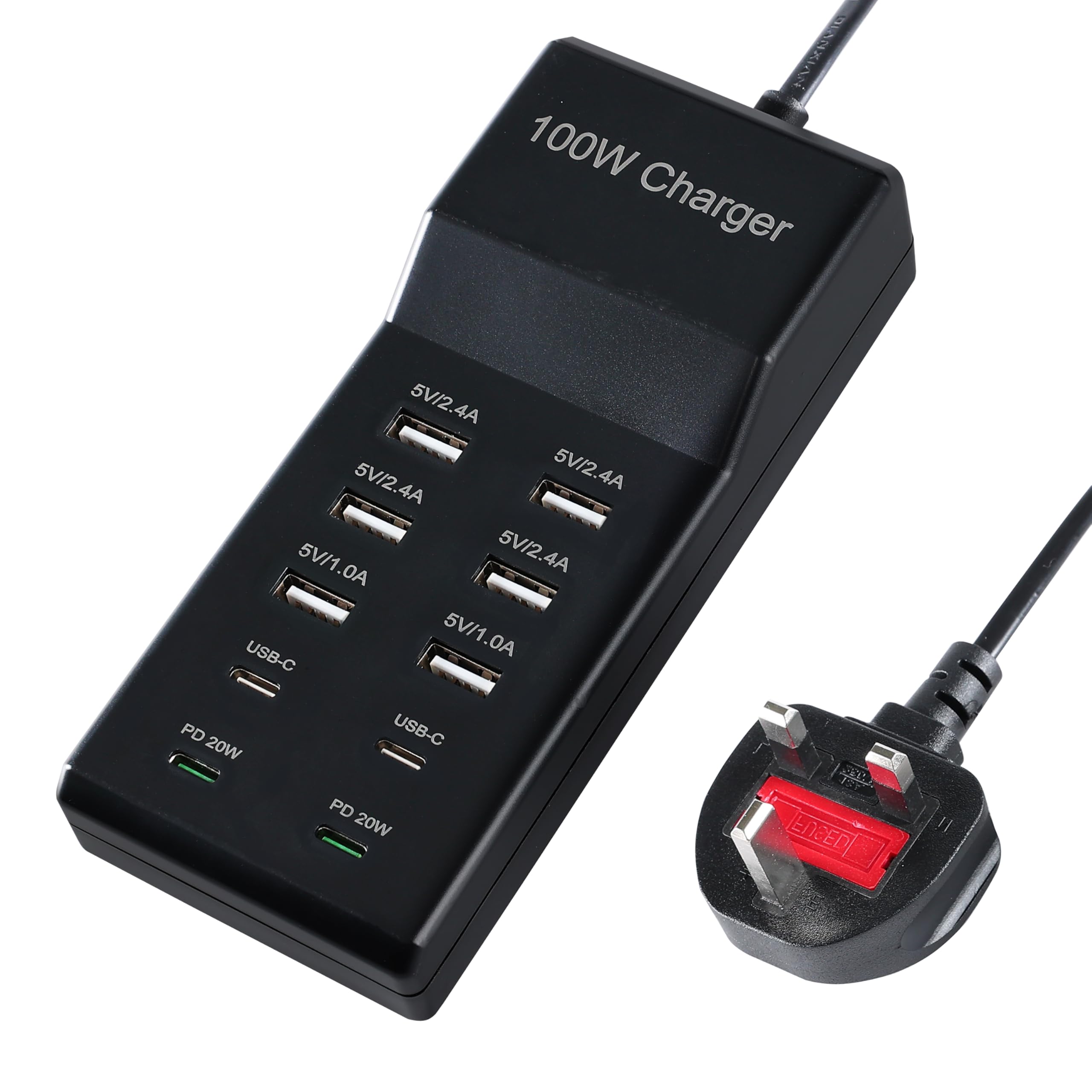 Alyphyly Black USB Charger,100W USB Charging Station with 10-Port(6 USB-A Port&2 USB-C Port&2 PD20W) Compatible with iPhone 15/14/13/13pro Max 12/12 Mini/12Pro/12 Pro Max/11,Tablets