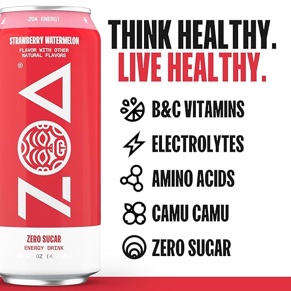 ZOA ZERO SUGAR ENERGY DRINKS – STRAWBERRY WATERMELON | HEALTHY ENERGY FORMULA WITH DAILY VITAMIN C, ESSENTIAL B-VITAMINS, ALL NATURAL CAFFEINE | NO CRASH OR JITTERS | 16 OUNCE CANS (PACK OF 12)